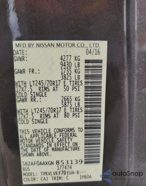 2016 Nissan Nv 3500 S z USA, uszkodzony, nr VIN 5BZAF0AAXGN853139